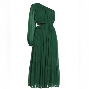 MOON RIVER Shirred One-Shoulder Midi Dress, Dark Green, Small
